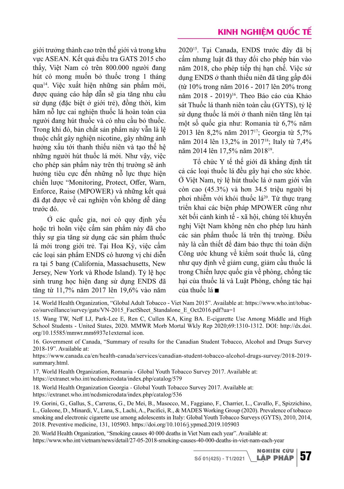 Quản lý sản phẩm thuốc lá mới trên thế giới, khuyến nghị cho Việt Nam trang 5