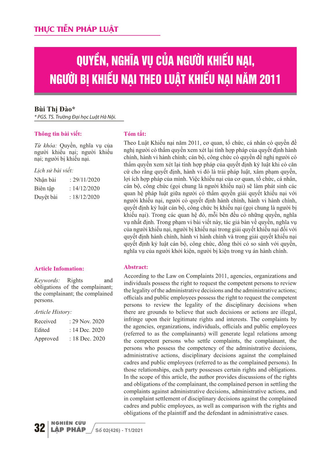 Quyền, nghĩa vụ của người khiếu nại, người bị khiếu nại theo Luật khiếu nại năm 2011 trang 1