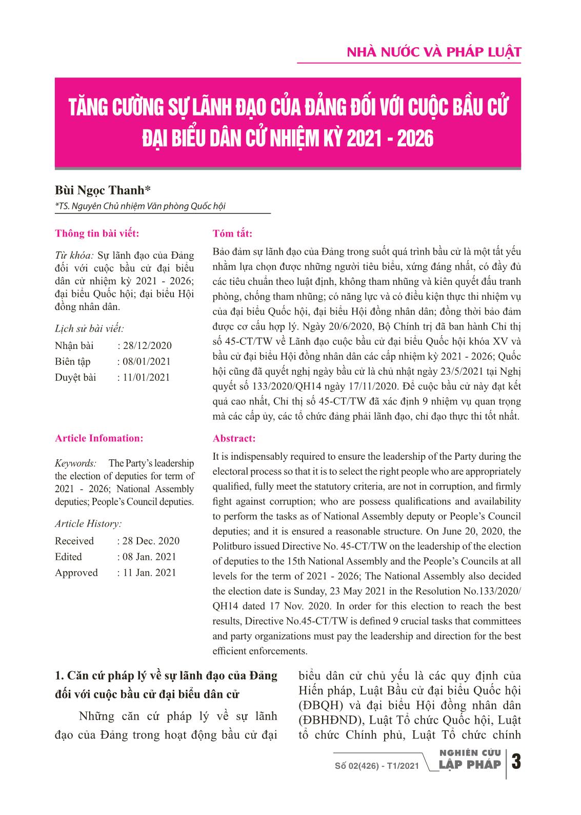 Tăng cường sự lãnh đạo của Đảng đối với cuộc bầu cử đại biểu dân cử nhiệm kỳ 2021-2026 trang 1