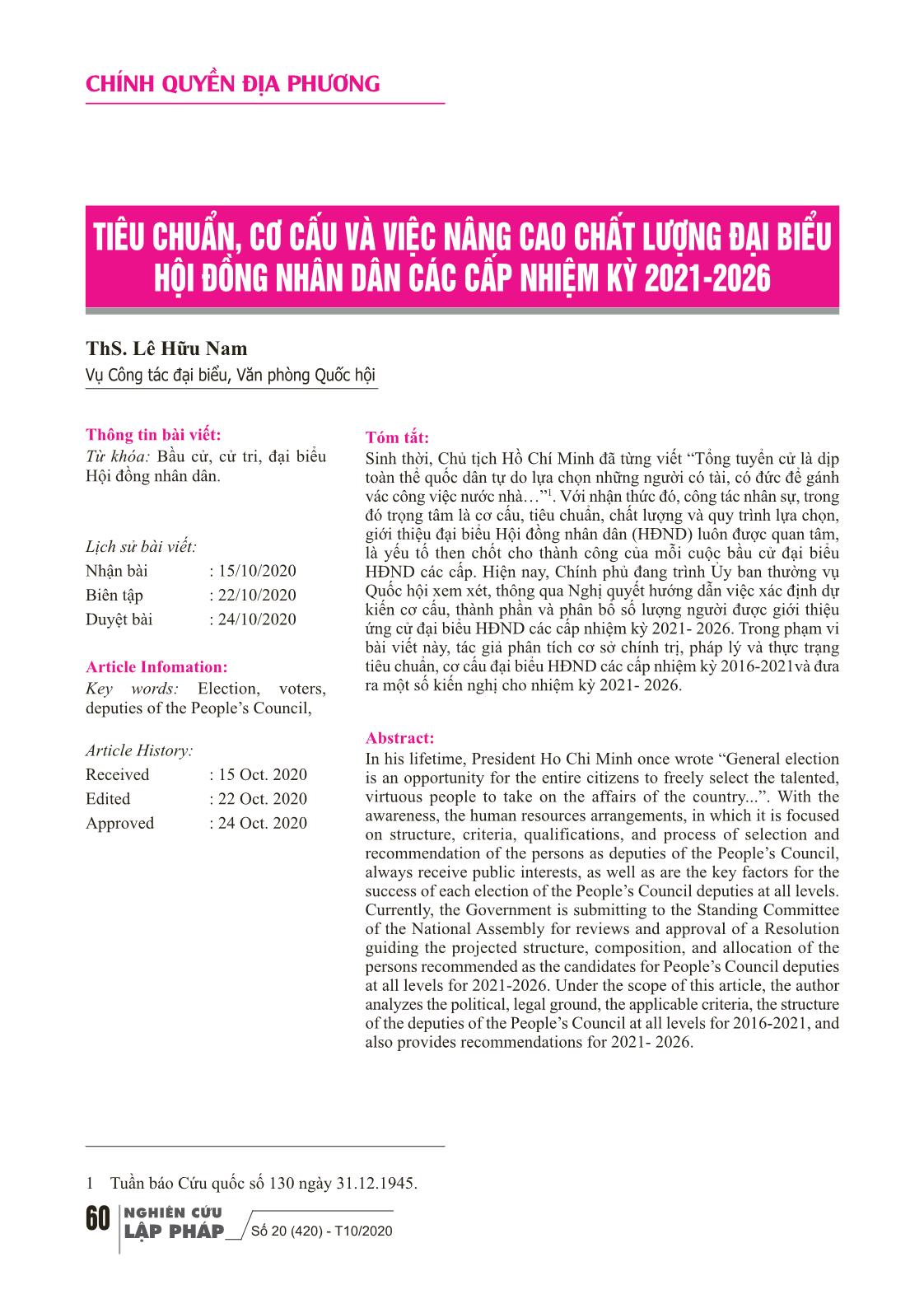 Tiêu chuẩn, cơ cấu và việc nâng cao chất lượng Đại biểu hội đồng nhân dân các cấp nhiệm kỳ 2021-2026 trang 1