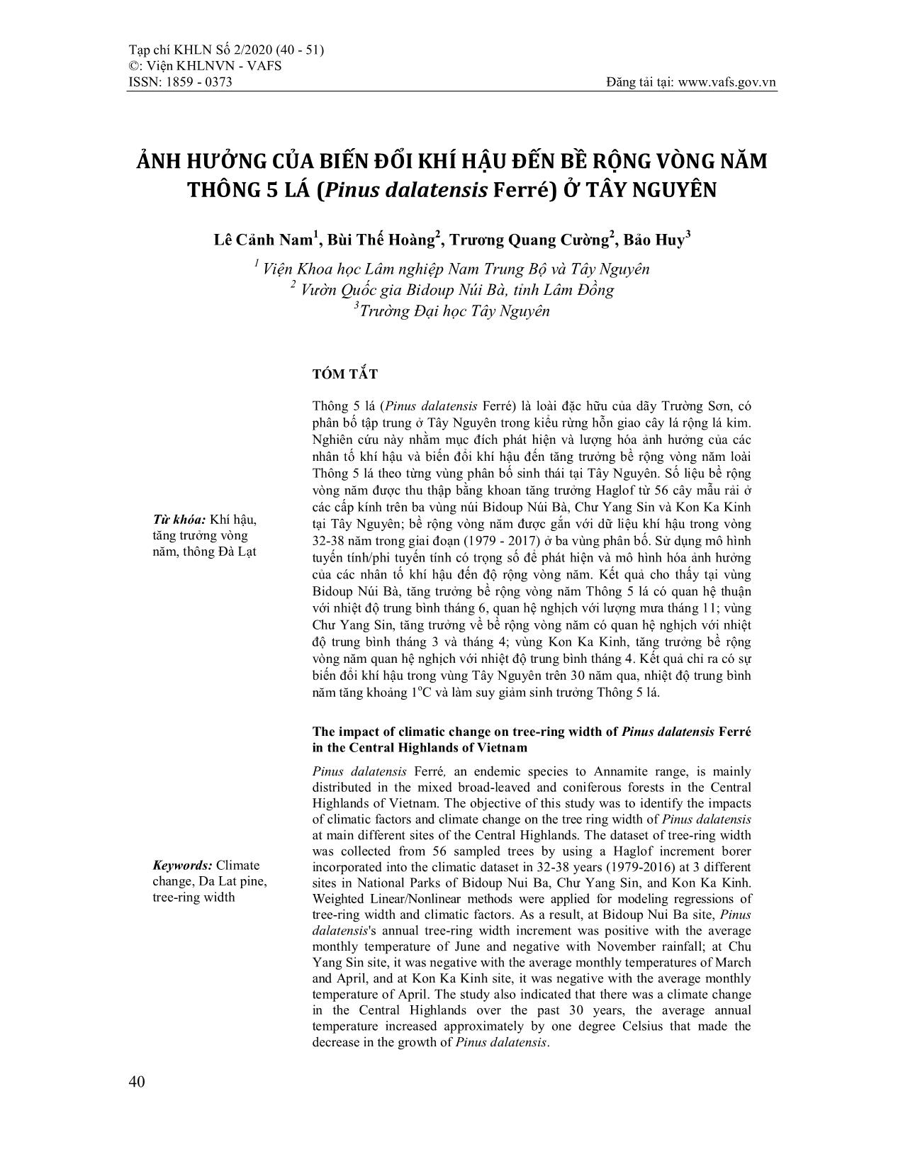 Ảnh hưởng của biến đổi khí hậu đến bề rộng vòng năm thông 5 lá (Pinus dalatensis Ferré) ở Tây Nguyên trang 1