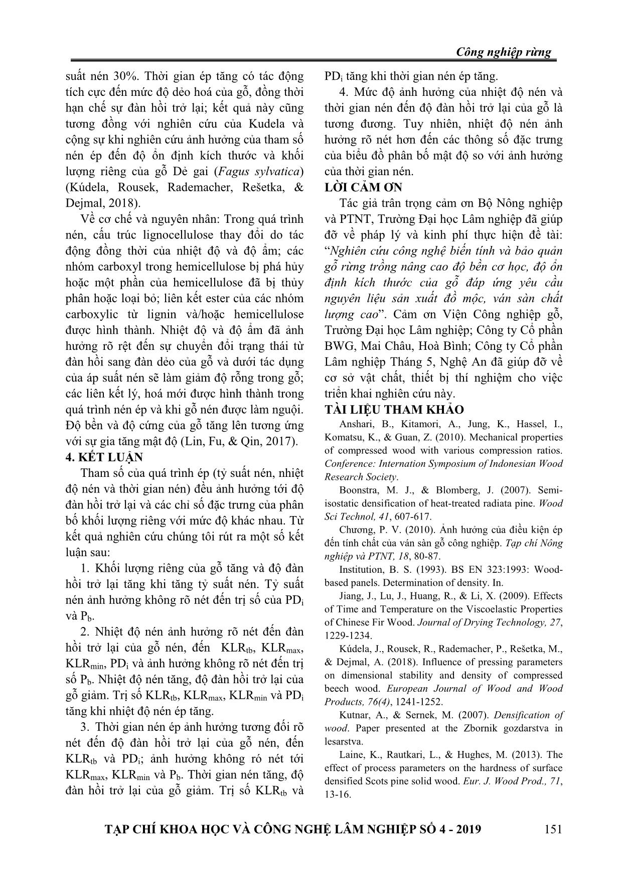 Ảnh hưởng của tham số ép đến độ đàn hồi trở lại và phân bố khối lượng riêng theo chiều dày của gỗ keo lai (Acacia mangium x Acacia auriculiformis) trang 8