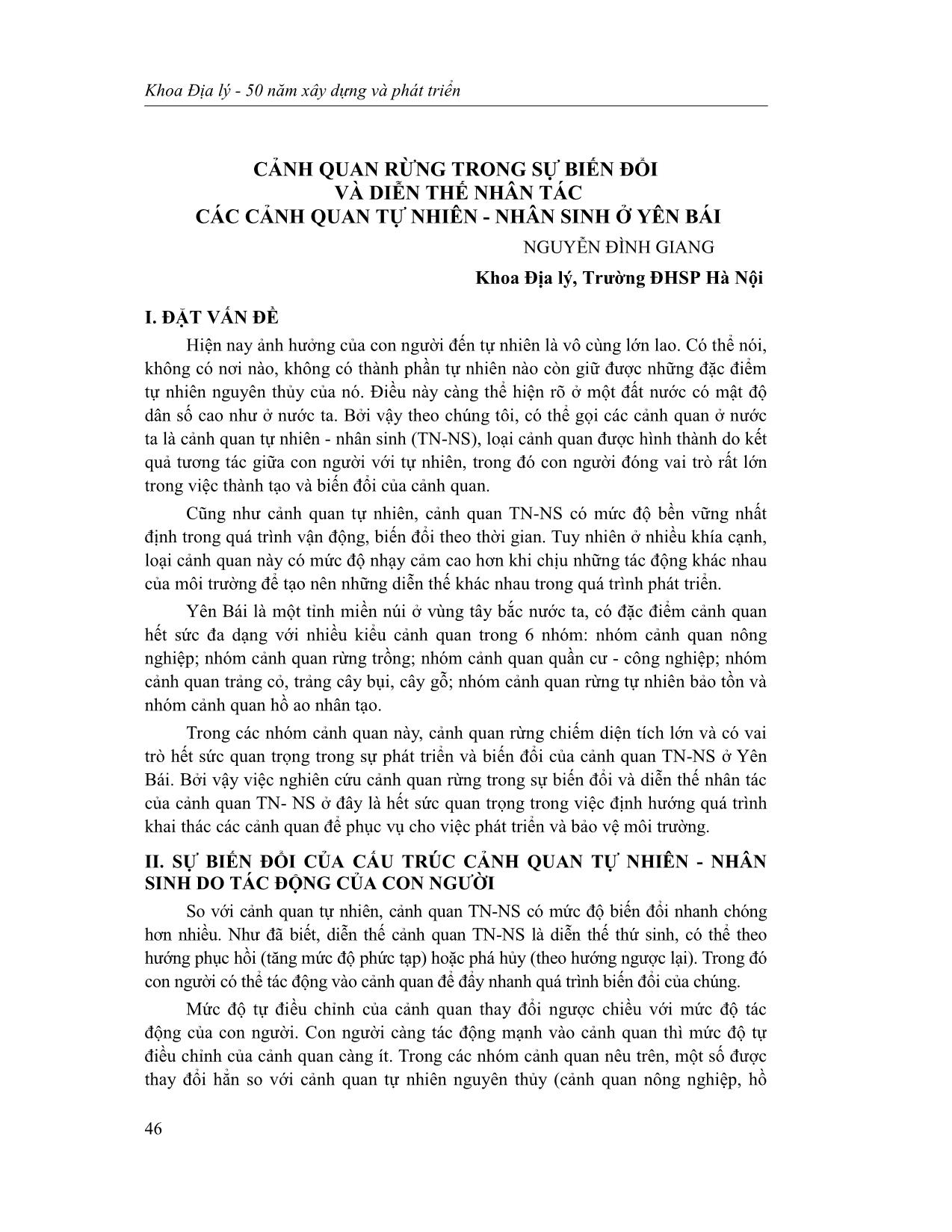 Cảnh quan rừng trong sự biến đổi và diễn thế nhân tác các cảnh quan tự nhiên - nhân sinh ở Yên Bái trang 1