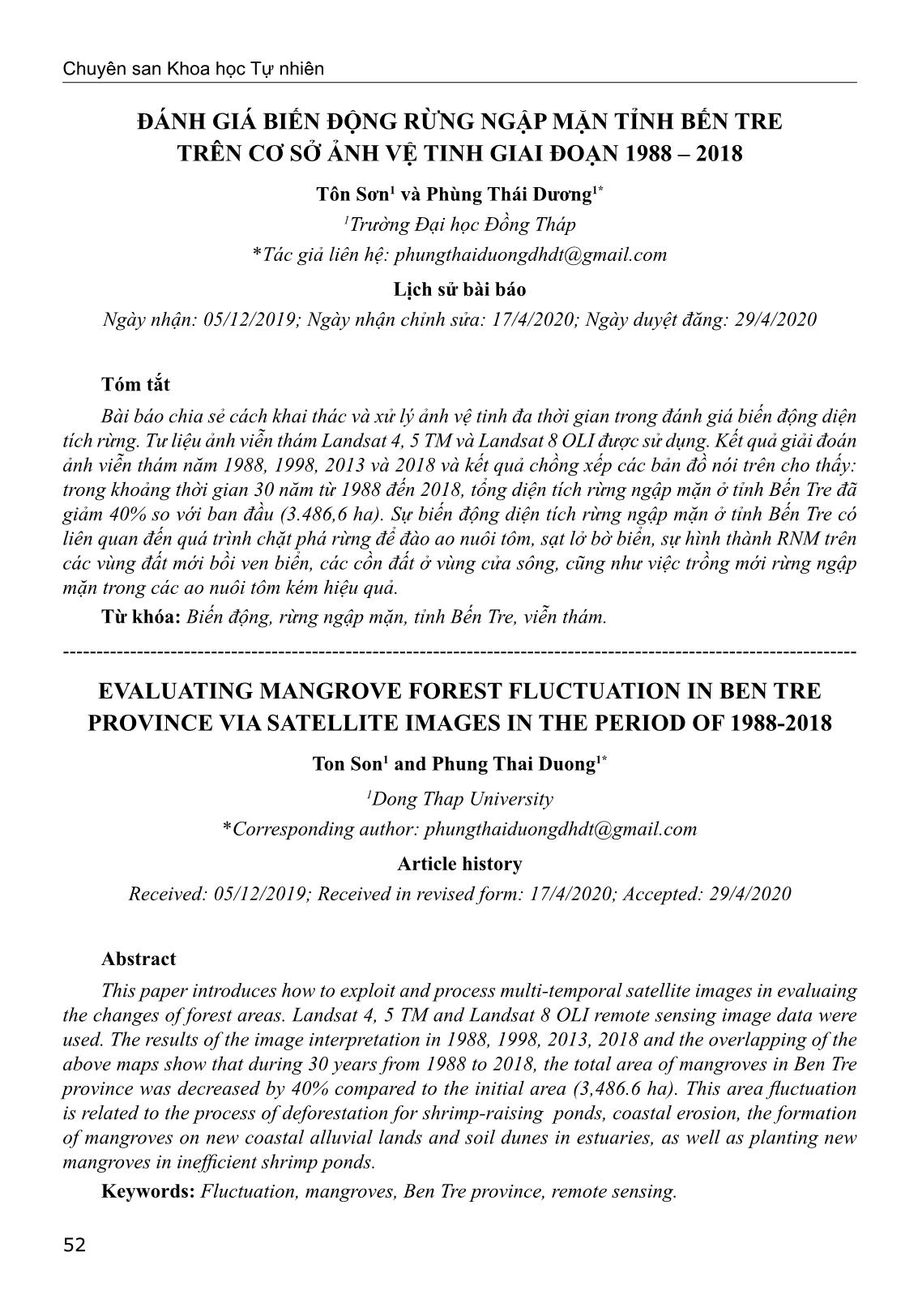 Đánh giá biến động rừng ngập mặn tỉnh Bến Tre trên cơ sở ảnh vệ tinh giai đoạn 1988-2018 trang 1