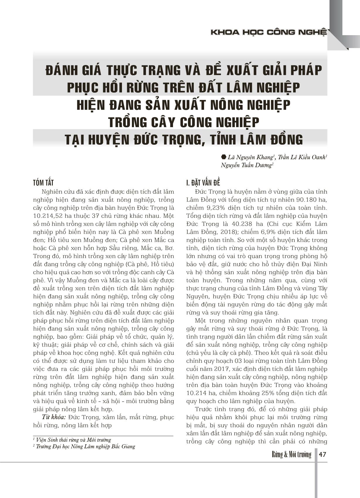 Đánh giá thực trạng và đề xuất giải pháp phục hồi rừng trên đất lâm nghiệp hiện đang sản xuất nông nghiệp trồng cây công nghiệp tại huyện Đức Trọng, tỉnh Lâm Đồng trang 1