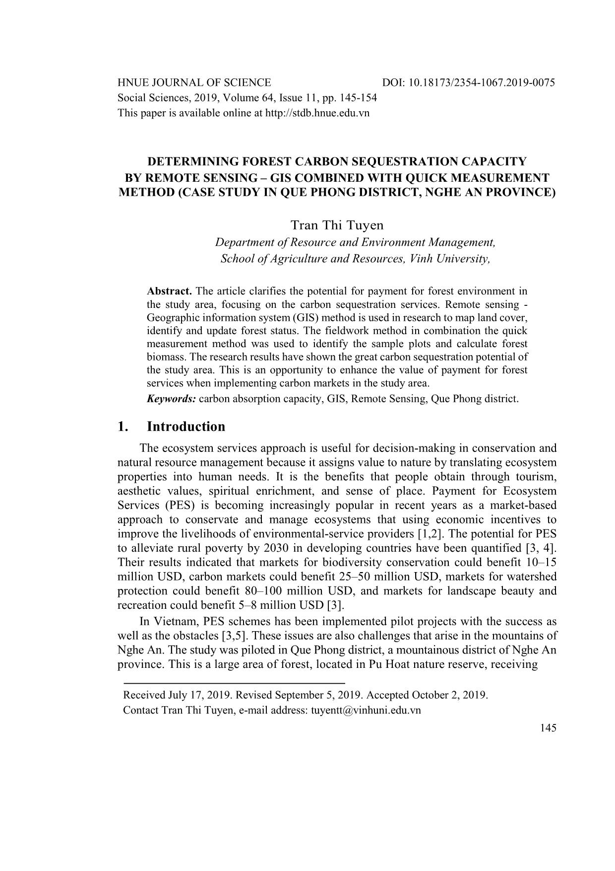 Determining forest carbon sequestration capacity by remote sensing – GIS combined with quick measurement method (Case study in Que Phong district, Nghe An province) trang 1