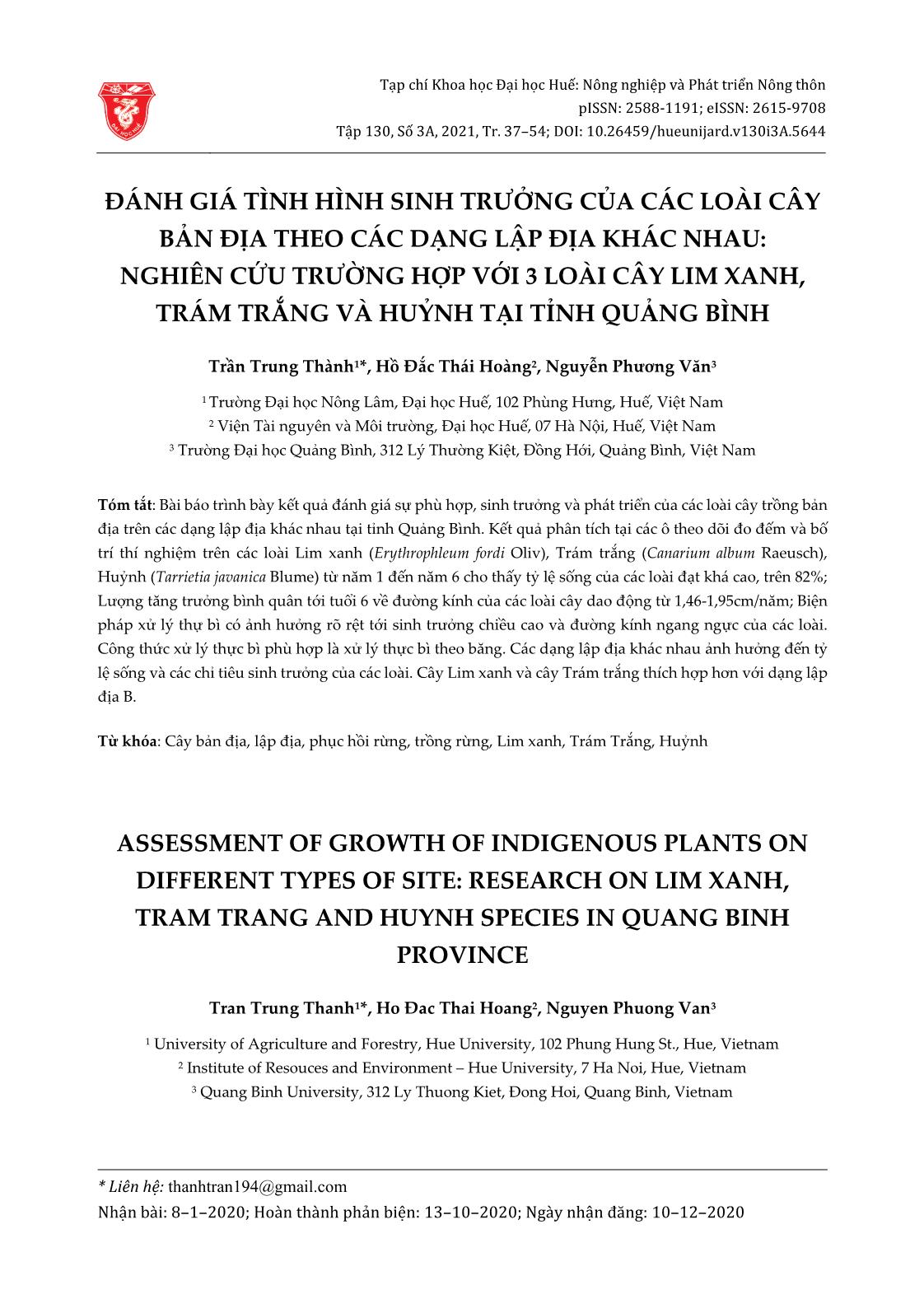 Đánh giá tình hình sinh trưởng của các loài cây bản địa theo các dạng lập địa khác nhau: Nghiên cứu trường hợp với 3 loài cây lim xanh, trám trắng và huỷnh tại tỉnh Quảng Bình trang 1