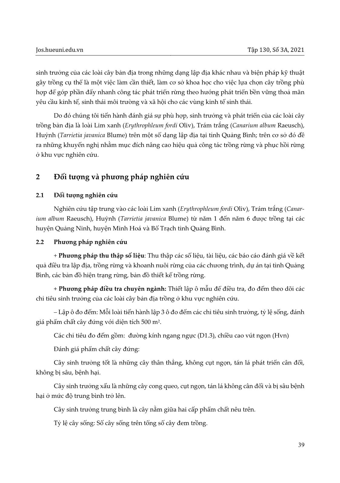 Đánh giá tình hình sinh trưởng của các loài cây bản địa theo các dạng lập địa khác nhau: Nghiên cứu trường hợp với 3 loài cây lim xanh, trám trắng và huỷnh tại tỉnh Quảng Bình trang 3