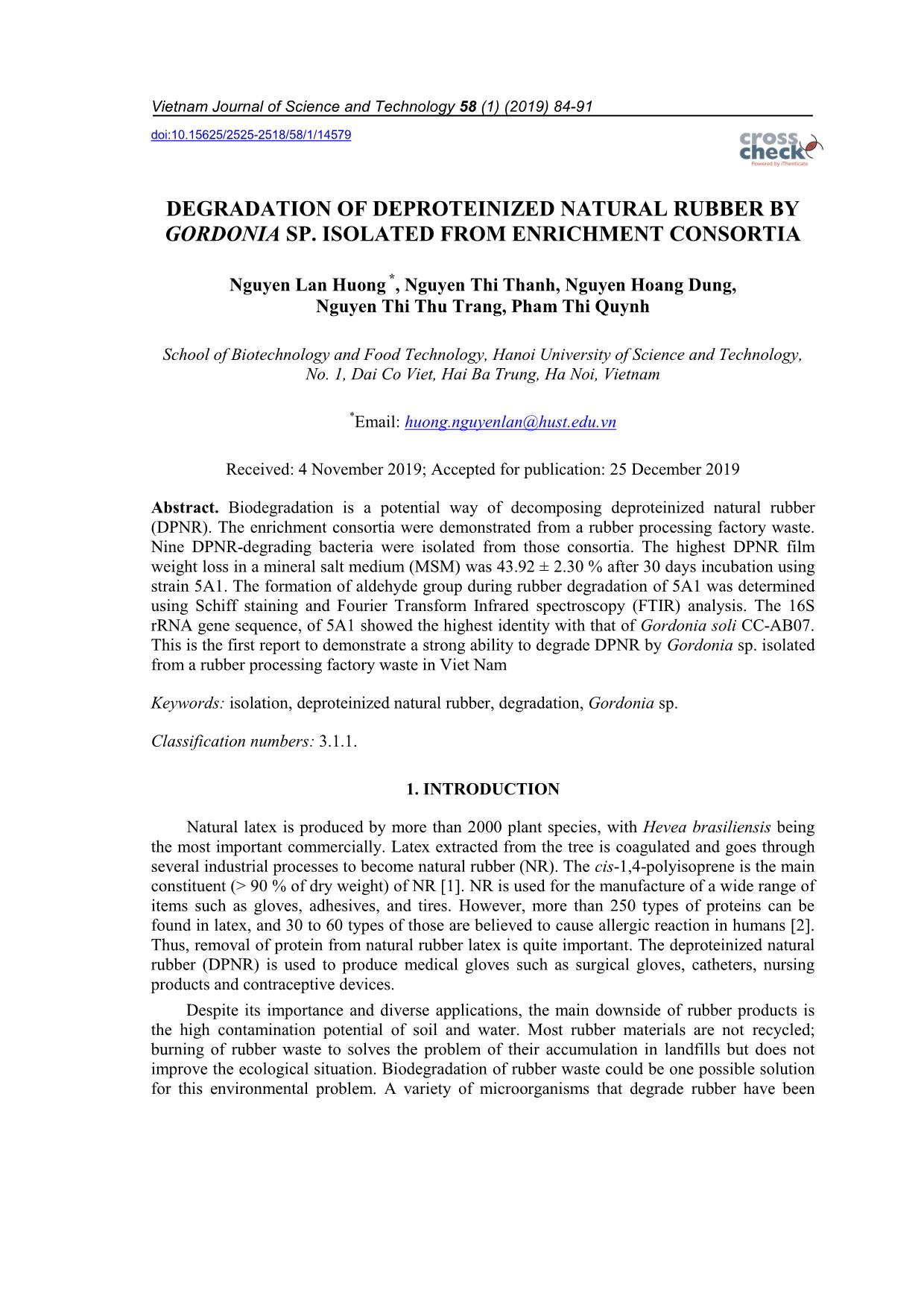 Degradation of deproteinized natural rubber by Gordonia sp. isolated from enrichment consortia trang 1