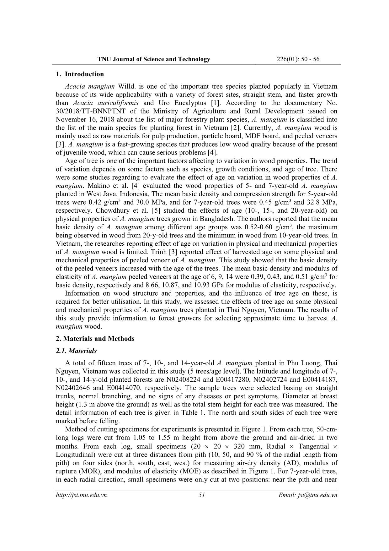 Ảnh hưởng của tuổi đến sự biến đổi các tính chất vật lý và cơ học của gỗ keo tai tượng (Acacia mangium) trồng tại Thái Nguyên trang 2