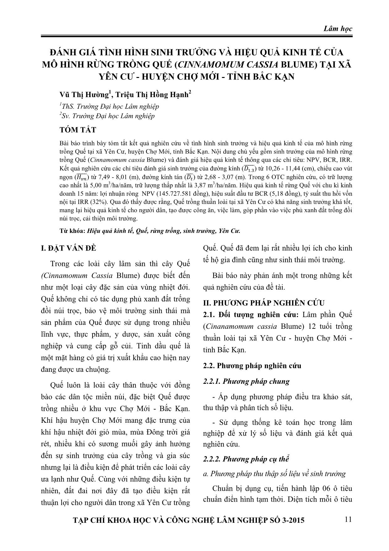 Đánh giá tình hình sinh trưởng và hiệu quả kinh tế của mô hình rừng trồng quế (Cinnamomum cassia Blume) tại xã Yên Cư - Huyện Chợ Mới - Tỉnh Bắc Kạn trang 1