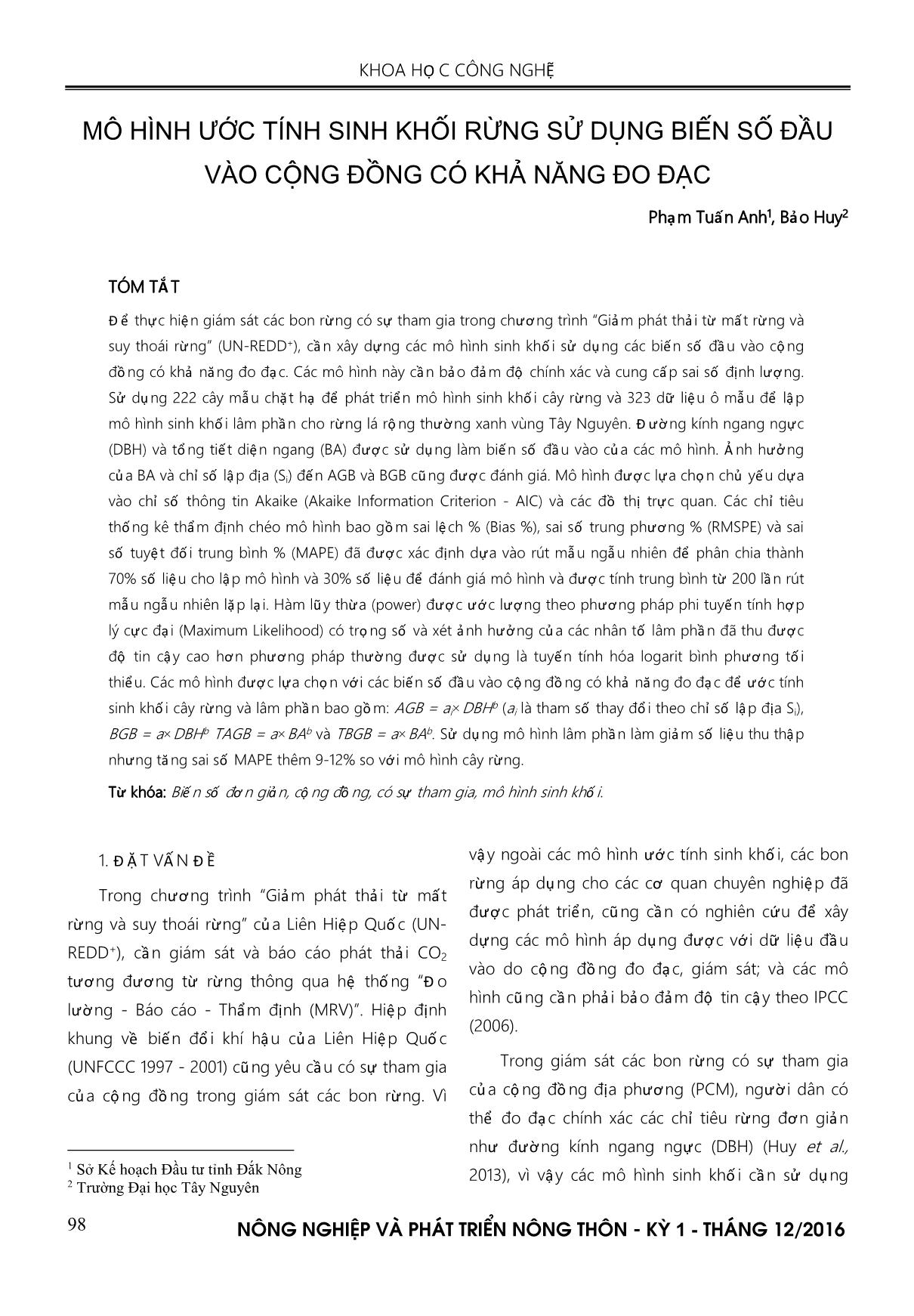 Mô hình ước tính sinh khối rừng sử dụng biến số đầu vào cộng đồng có khả năng đo đạc trang 1