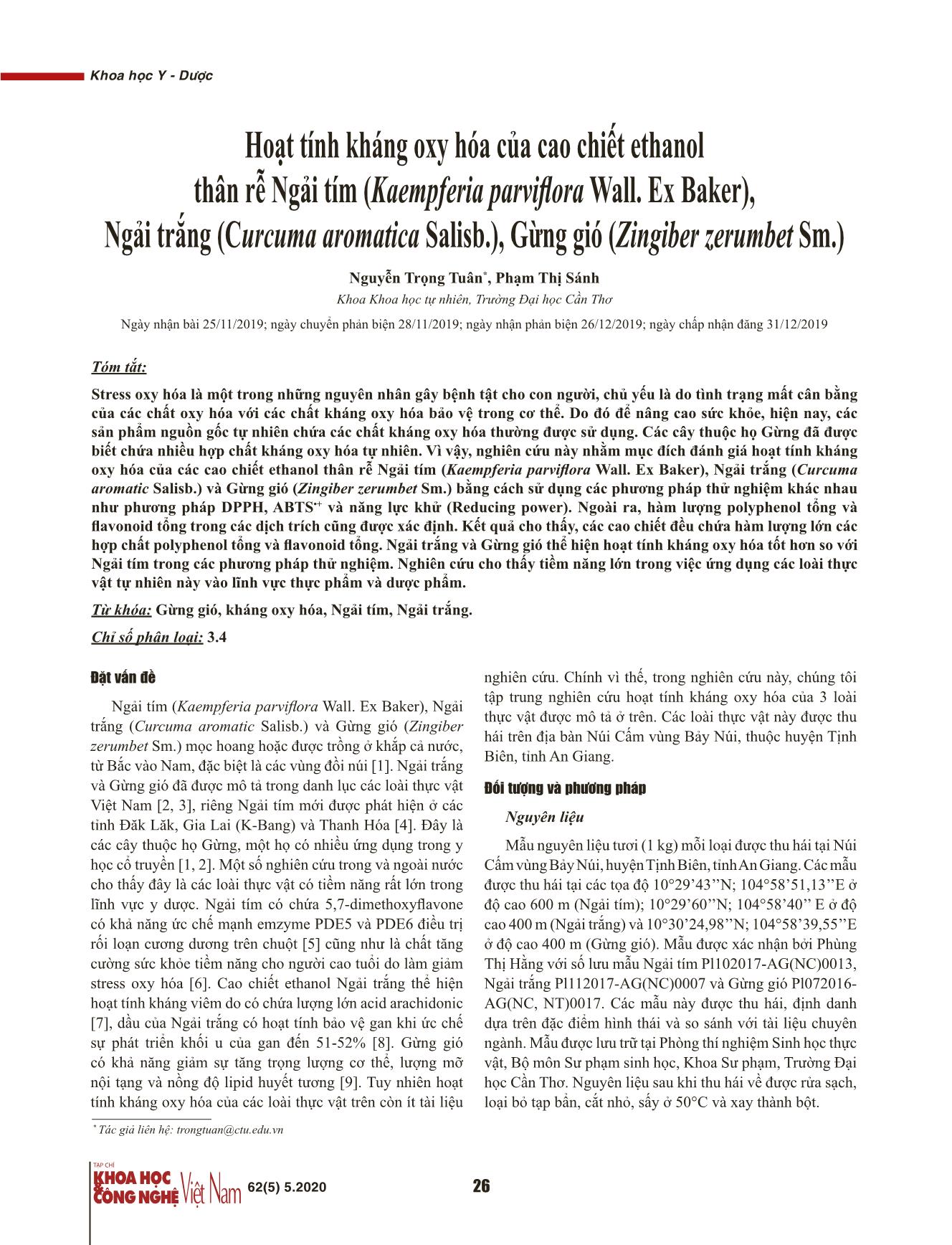 Hoạt tính kháng oxy hóa của cao chiết ethanol thân rễ Ngải tím (Kaempferia parviflora Wall. Ex Baker), Ngải trắng (Curcuma aromatica Salisb.), Gừng gió (Zingiber zerumbet Sm.) trang 1