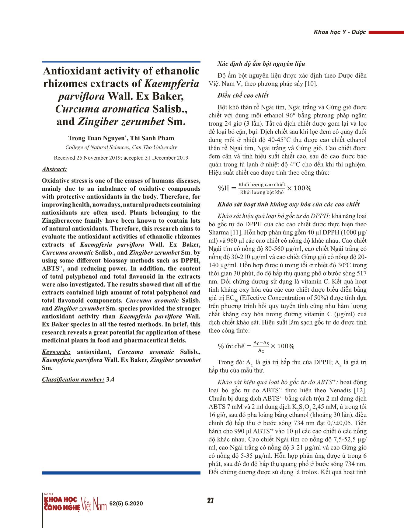 Hoạt tính kháng oxy hóa của cao chiết ethanol thân rễ Ngải tím (Kaempferia parviflora Wall. Ex Baker), Ngải trắng (Curcuma aromatica Salisb.), Gừng gió (Zingiber zerumbet Sm.) trang 2