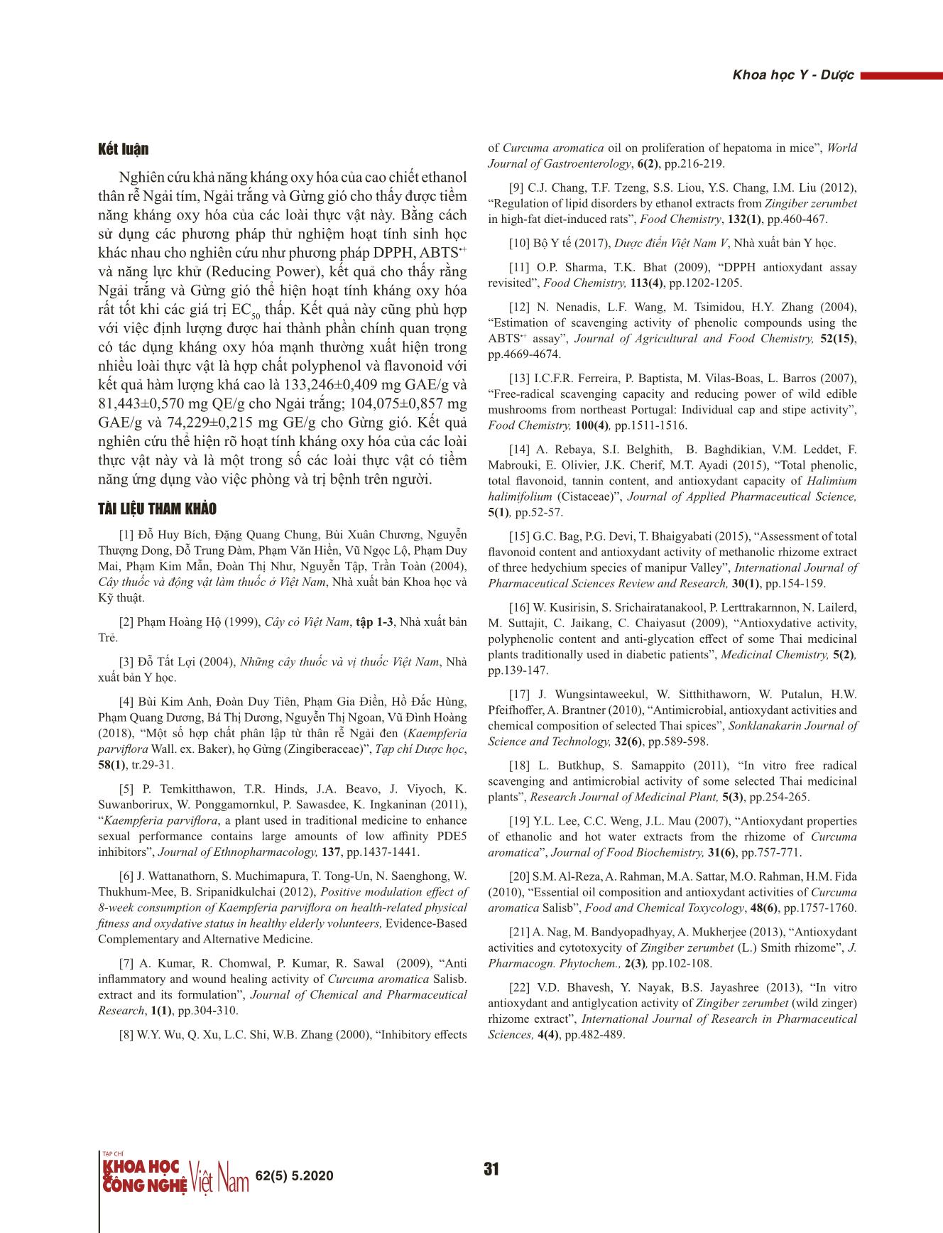 Hoạt tính kháng oxy hóa của cao chiết ethanol thân rễ Ngải tím (Kaempferia parviflora Wall. Ex Baker), Ngải trắng (Curcuma aromatica Salisb.), Gừng gió (Zingiber zerumbet Sm.) trang 6