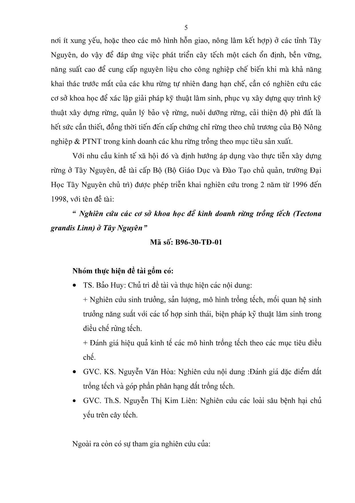 Đề tài Nghiên cứu các cơ sở khoa học để kinh doanh rừng trồng tếch (Tectona grandis Linn.) ở Tây Nguyên trang 5