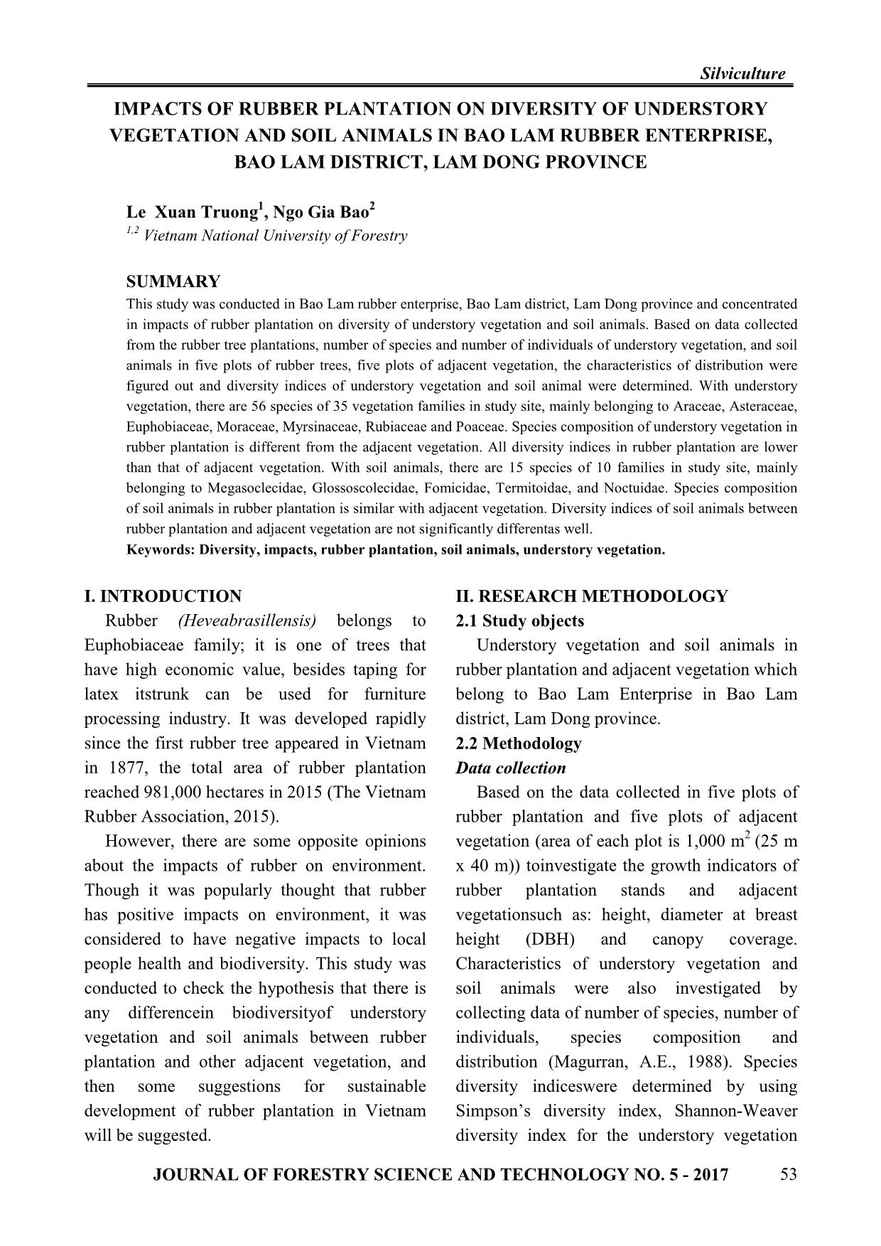 Impacts of rubber plantation on diversity of understory vegetation and soil animals in bao lam rubber enterprise, Bao Lam district, Lam Dong province trang 1