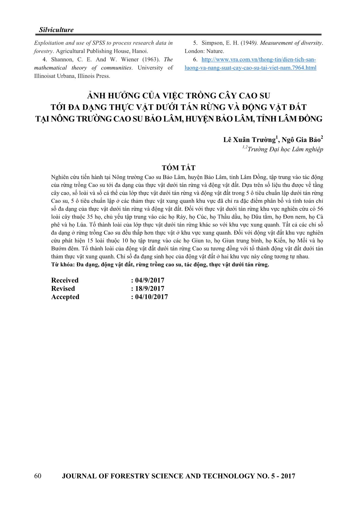 Impacts of rubber plantation on diversity of understory vegetation and soil animals in bao lam rubber enterprise, Bao Lam district, Lam Dong province trang 8