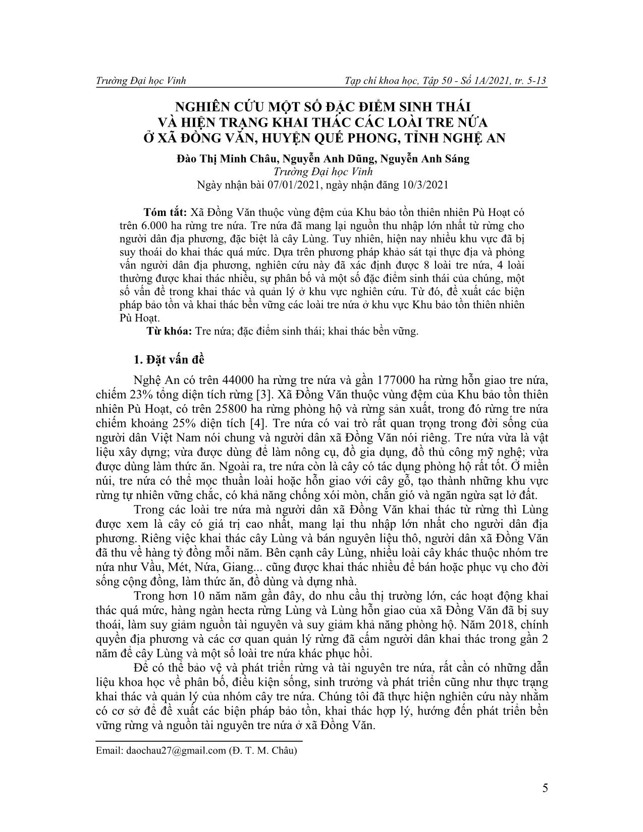 Nghiên cứu một số đặc điểm sinh thái và hiện trạng khai thác các loài tre nứa ở xã Đồng Văn, huyện Quế Phong, tỉnh Nghệ An trang 1