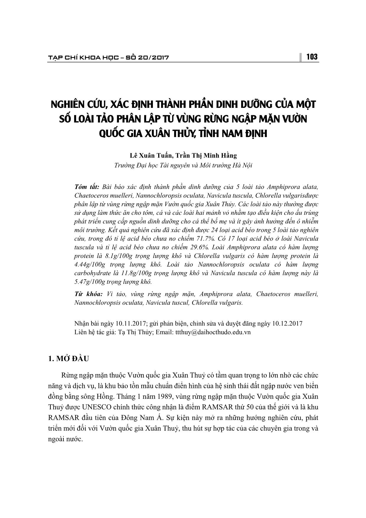 Nghiên cứu, xác định thành phần dinh dưỡng của một số loài tảo phân lập từ vùng rừng ngập mặn Vườn quốc gia Xuân Thủy, tỉnh Nam Định trang 1