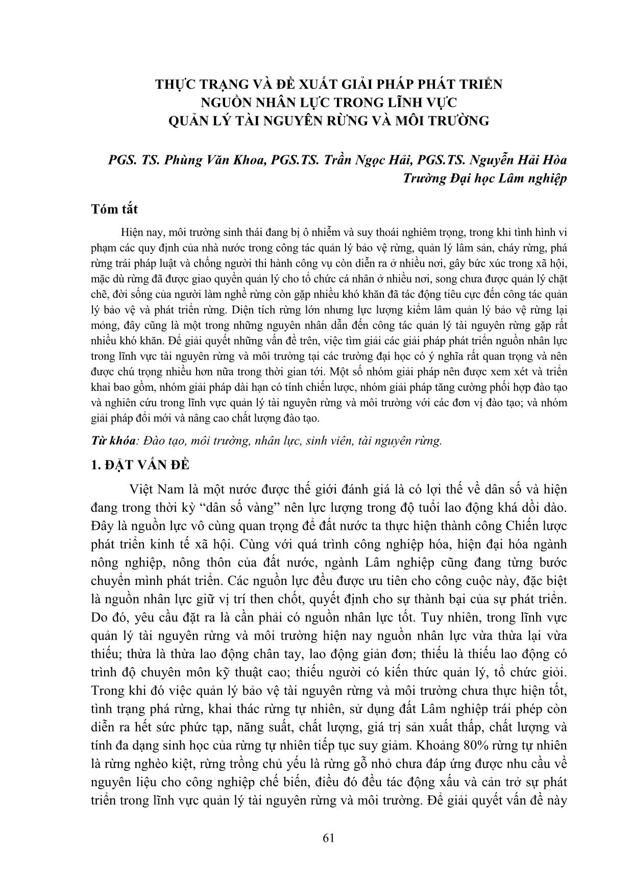 Thực trạng và đề xuất giải pháp phát triển nguồn nhân lực trong lĩnh vực quản lý tài nguyên rừng và môi trường trang 1