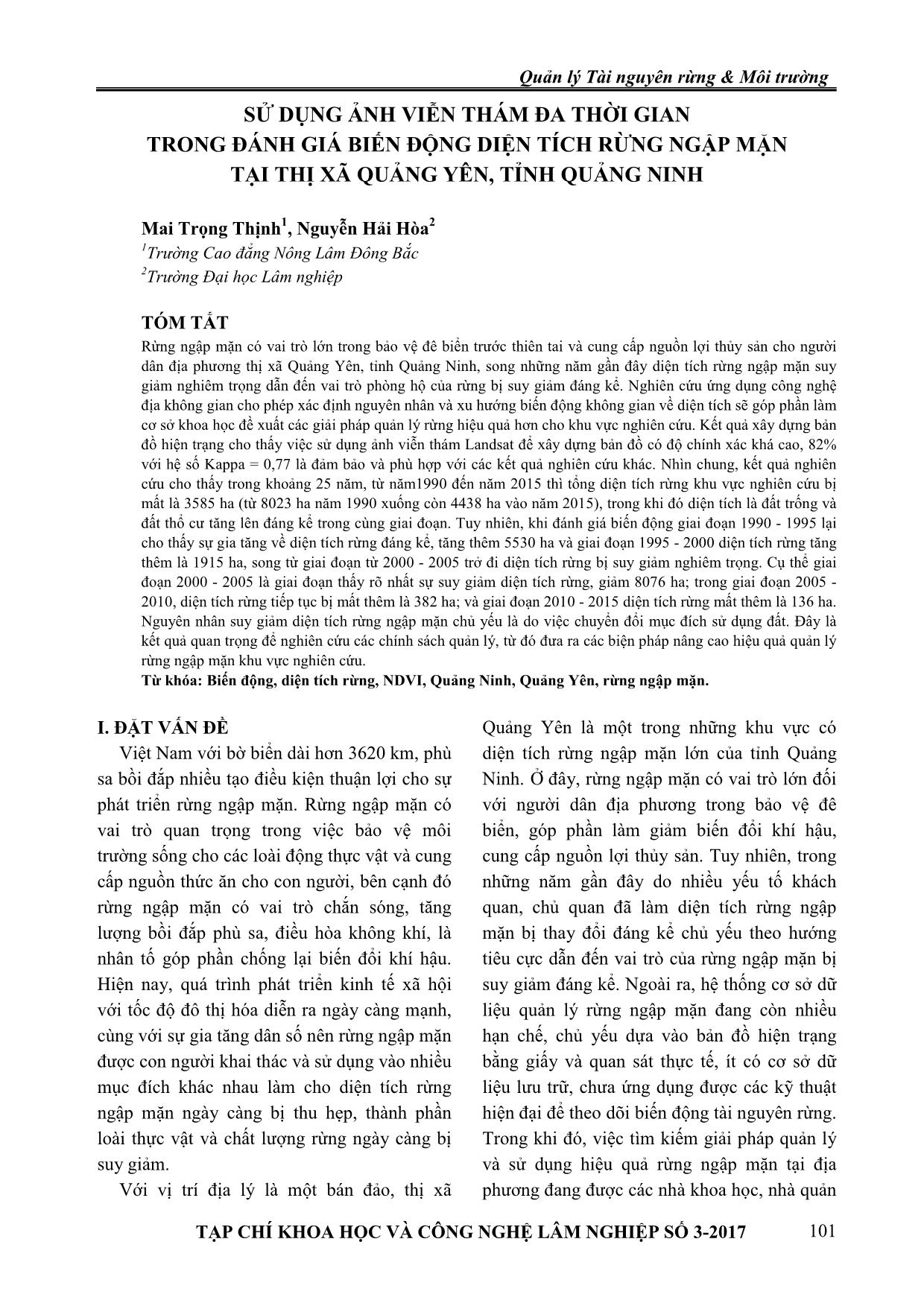 Sử dụng ảnh viễn thám đa thời gian trong đánh giá biến động diện tích rừng ngập mặn tại thị xã Quảng Yên, tỉnh Quảng Ninh trang 1