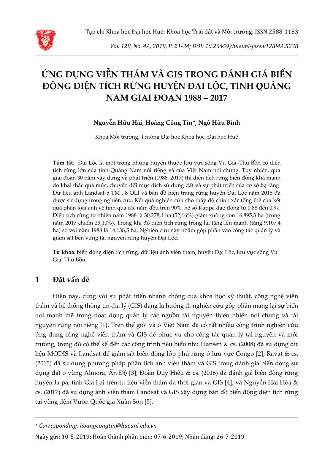 Ứng dụng viễn thám và GIS trong đánh giá biến động diện tích rừng huyện Đại Lộc, tỉnh Quảng Nam giai đoạn 1988-2017 trang 1