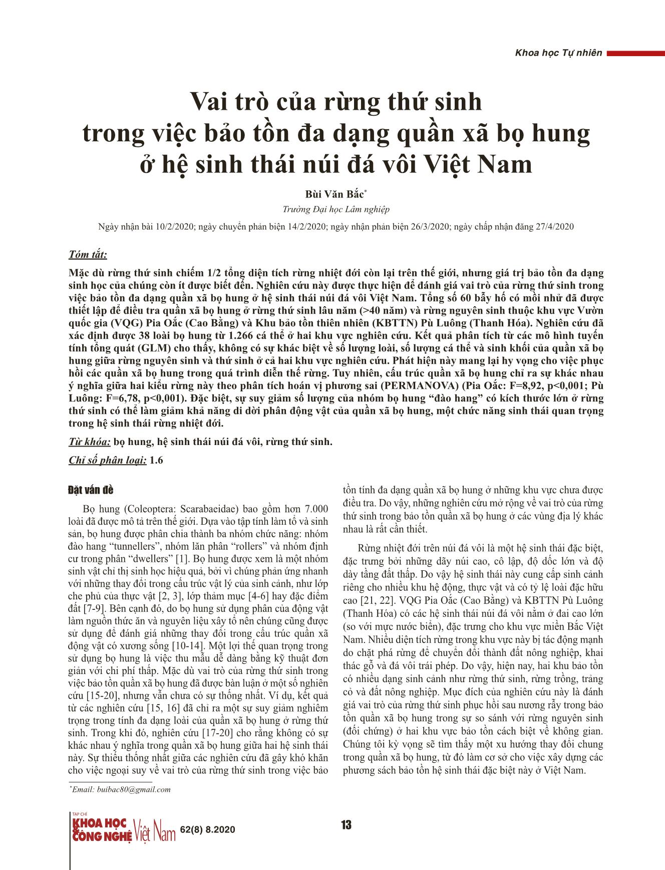 Vai trò của rừng thứ sinh trong việc bảo tồn đa dạng quần xã bọ hung ở hệ sinh thái núi đá vôi Việt Nam trang 1