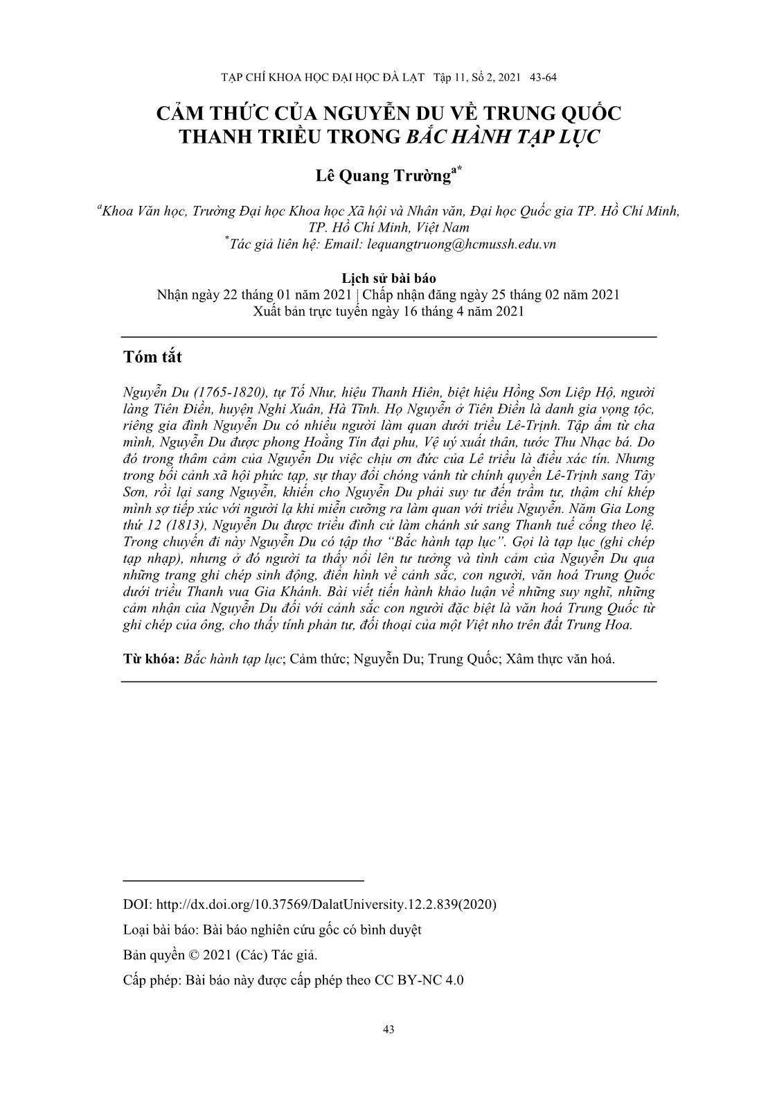 Cảm thức của Nguyễn Du về Trung Quốc Thanh triều trong “Bắc hành tạp lục” trang 1