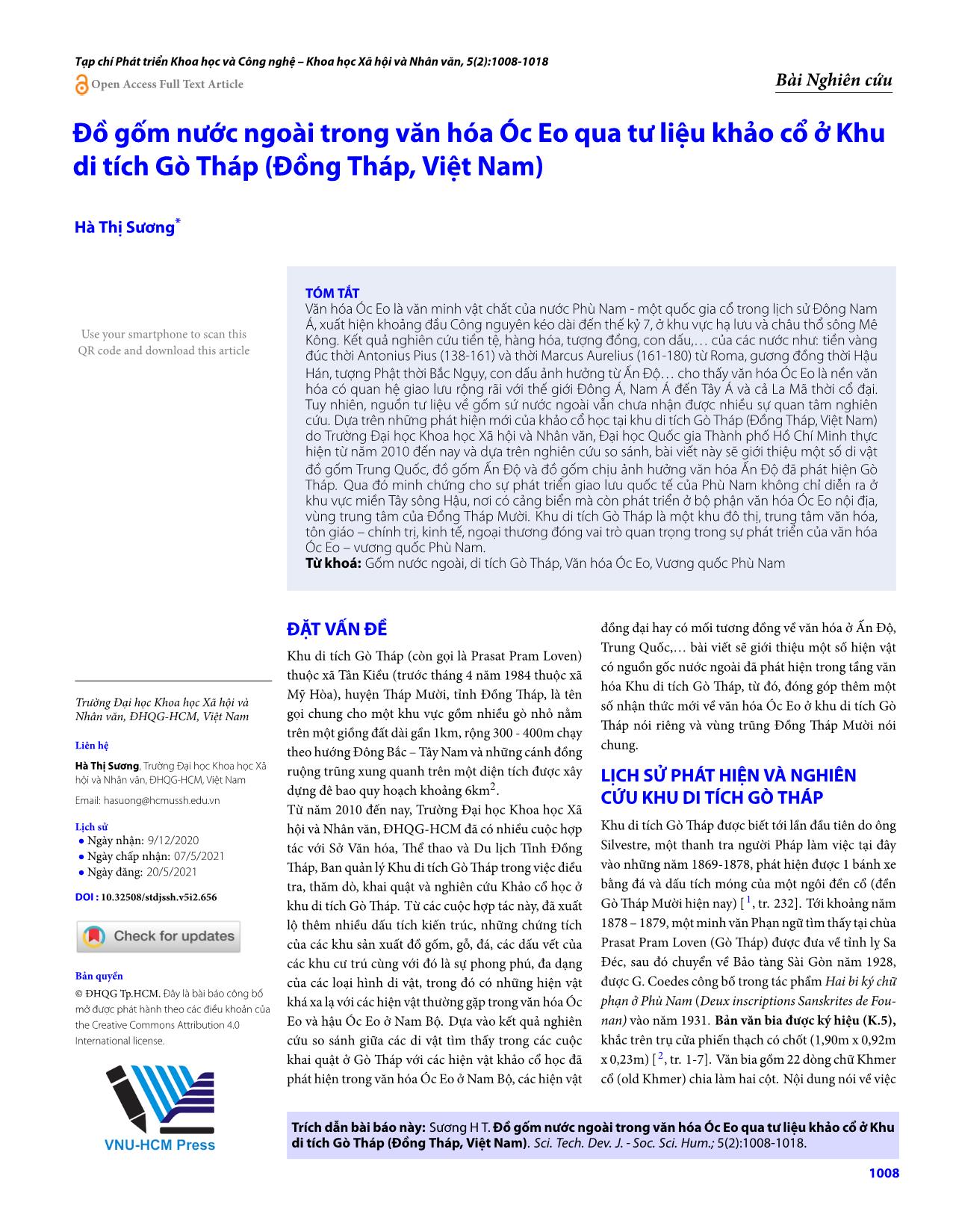 Đồ gốm nước ngoài trong văn hóa Óc Eo qua tư liệu khảo cổ ở Khu di tích Gò Tháp (Đồng Tháp, Việt Nam) trang 1