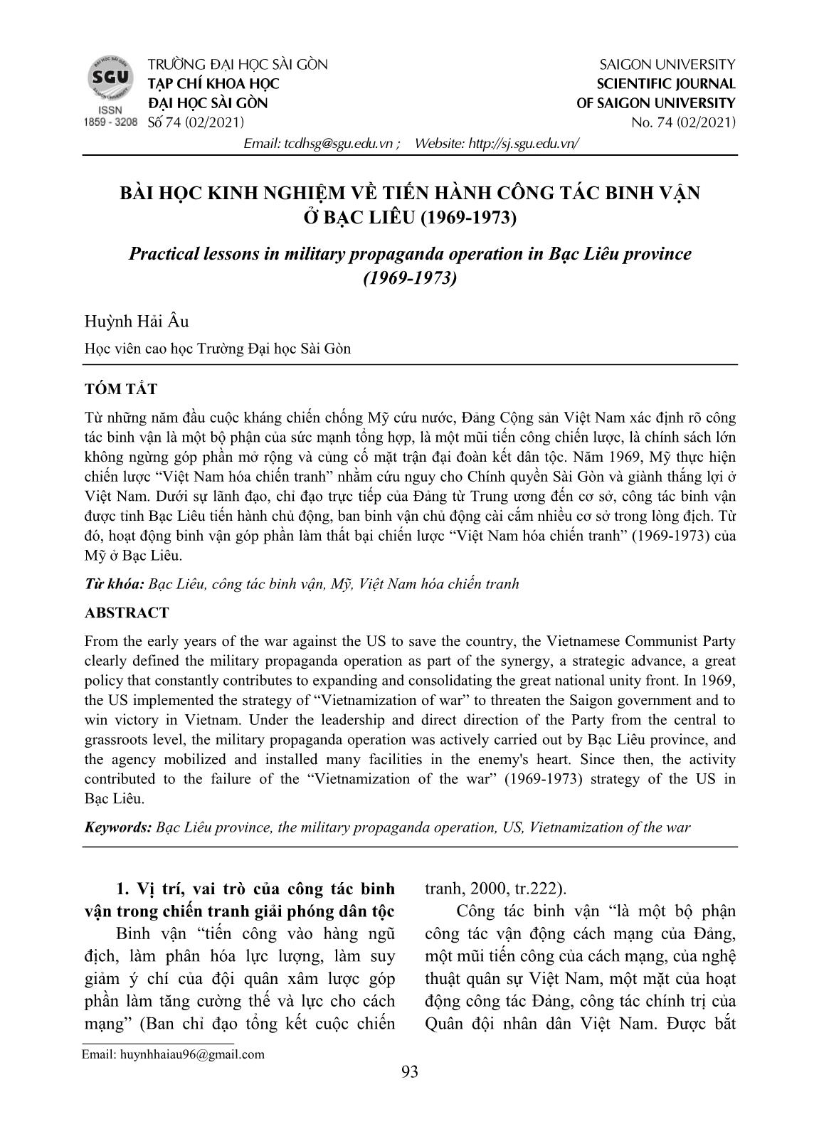 Bài học kinh nghiệm về tiến hành công tác binh vận ở Bạc Liêu (1969-1973) trang 1