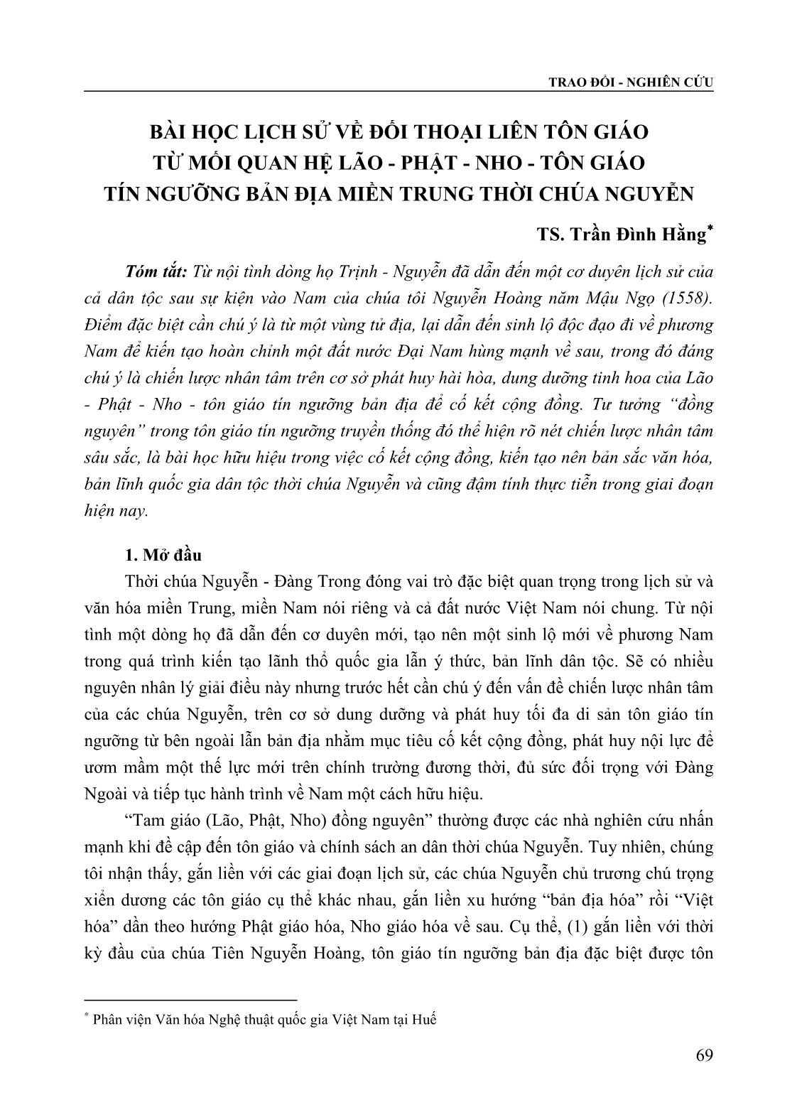 Bài học lịch sử về đối thoại liên tôn giáo từ mối quan hệ Lão - Phật - Nho - Tôn giáo tín ngưỡng bản địa miền Trung thời chúa Nguyễn trang 1