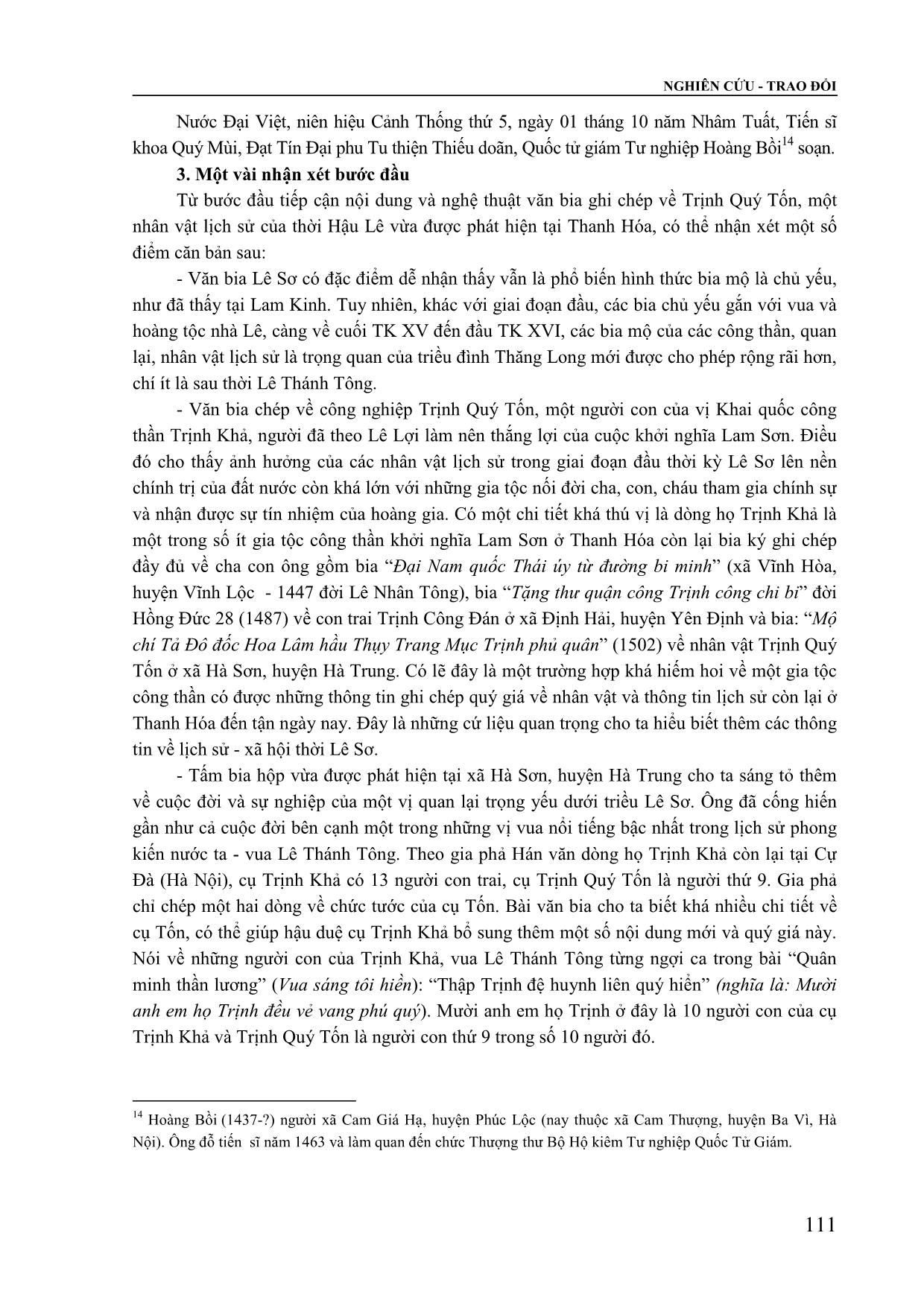 Bước đầu khảo cứu tấm bia ghi chép về nhân vật Trịnh Quý Tốn thời Hậu Lê trang 6
