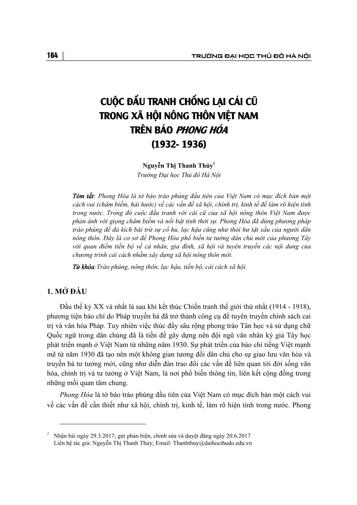 Cuộc đấu tranh chống lại cái cũ trong xã hội nông thôn Việt Nam trên báo Phong hóa (1932-1936) trang 1