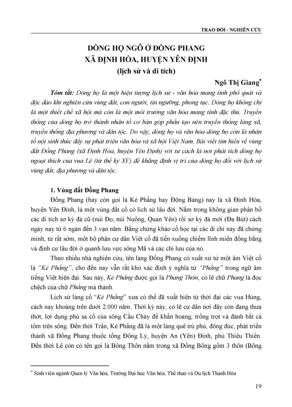 Dòng họ Ngô ở Đồng Phang xã Định Hòa, huyện Yên Định (Lịch sử và di tích) trang 1