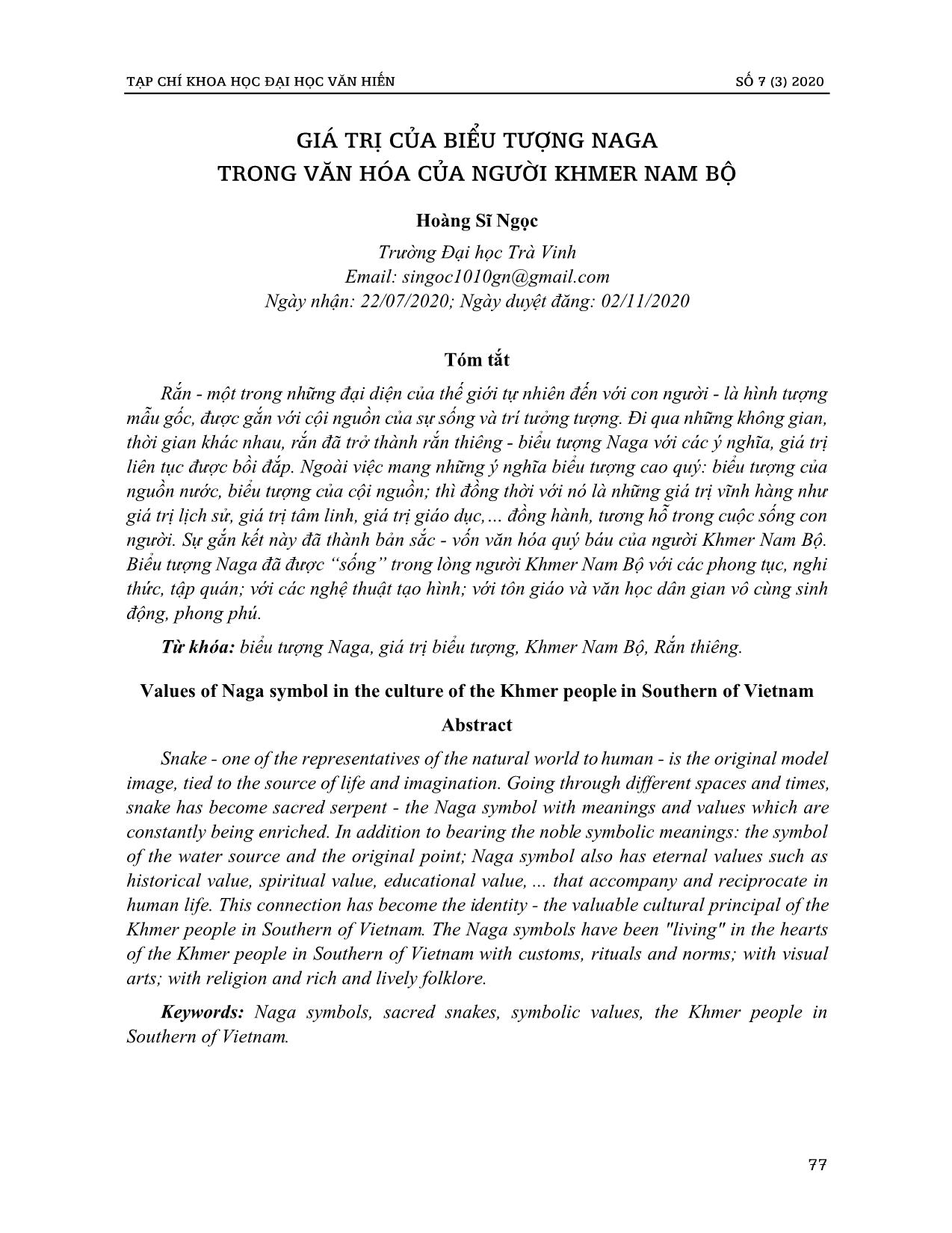Giá trị của biểu tượng Naga trong văn hóa của người Khmer Nam Bộ trang 1
