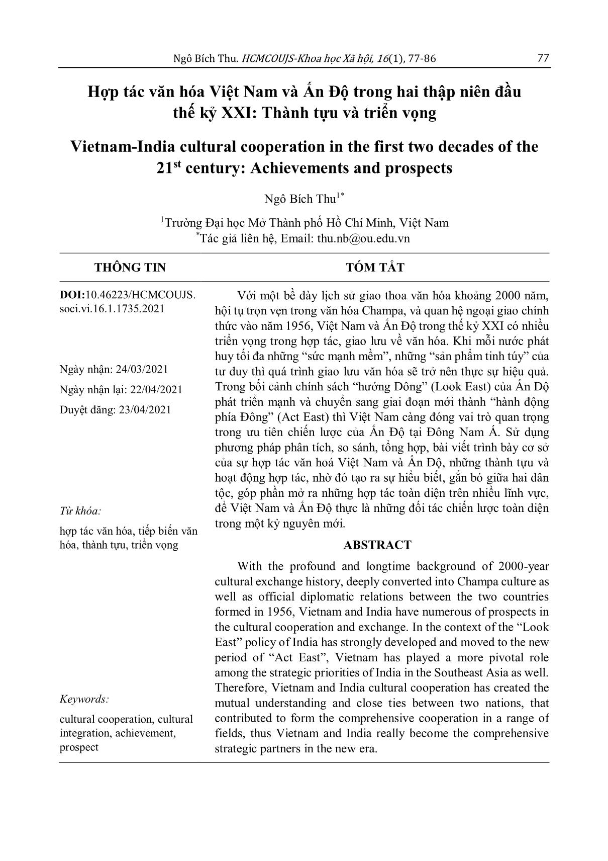 Hợp tác văn hóa Việt Nam và Ấn Độ trong hai thập niên đầu thế kỷ XXI: Thành tựu và triển vọng trang 1