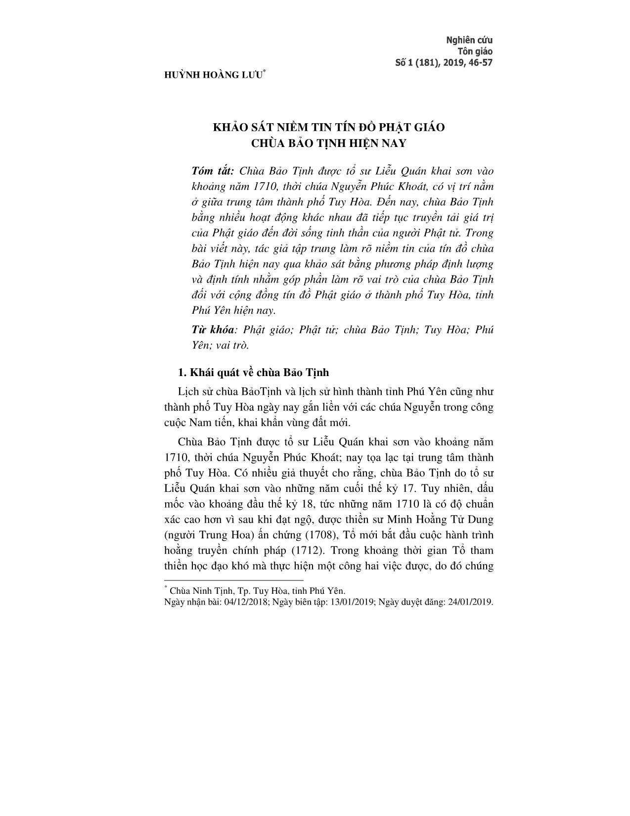 Khảo sát niềm tin tín đồ Phật giáo chùa Bảo Tịnh hiện nay trang 1