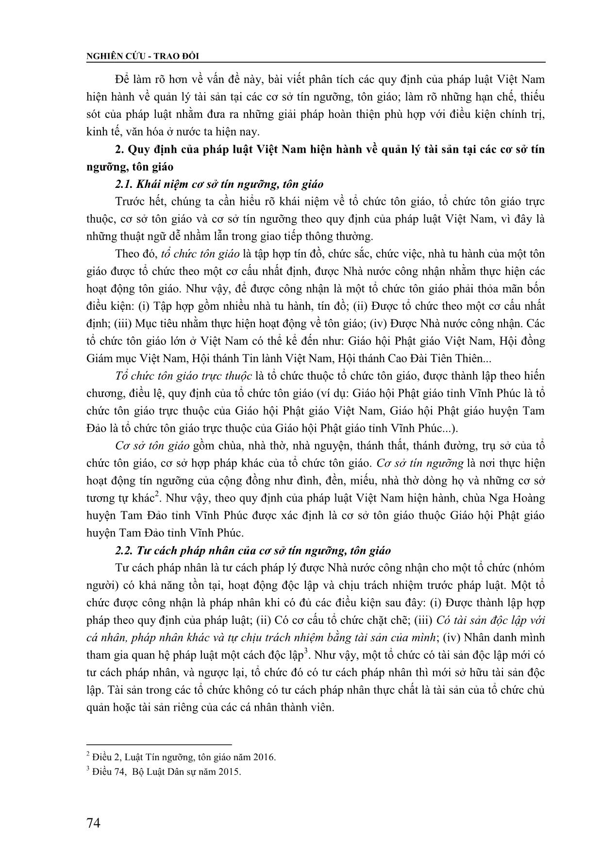 Khoảng trống pháp luật trong quản lý tài sản tại các cơ sở tín ngưỡng, tôn giáo ở Việt Nam hiện nay (Qua nghiên cứu trường hợp chùa Nga Hoàng, huyện Tam Đảo, tỉnh Vĩnh Phúc) trang 2