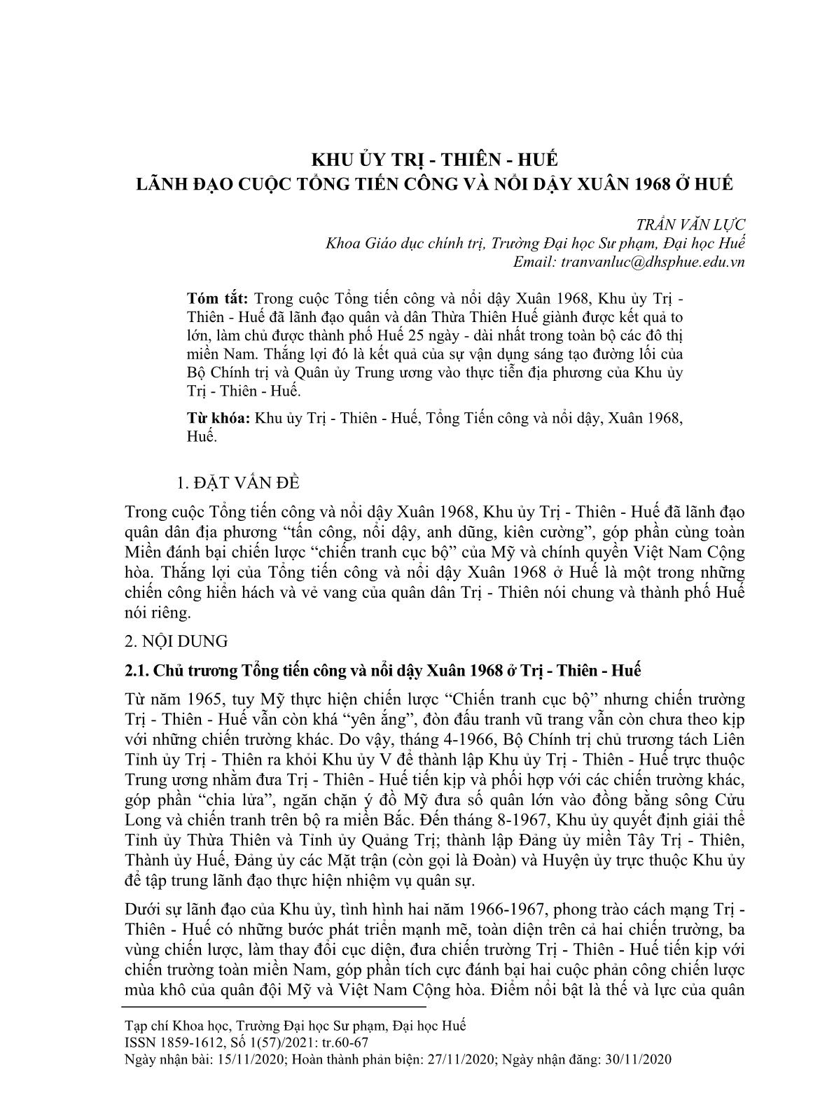 Khu ủy Trị - Thiên - Huế lãnh đạo cuộc tổng tiến công và nổi dậy Xuân 1968 ở Huế trang 1