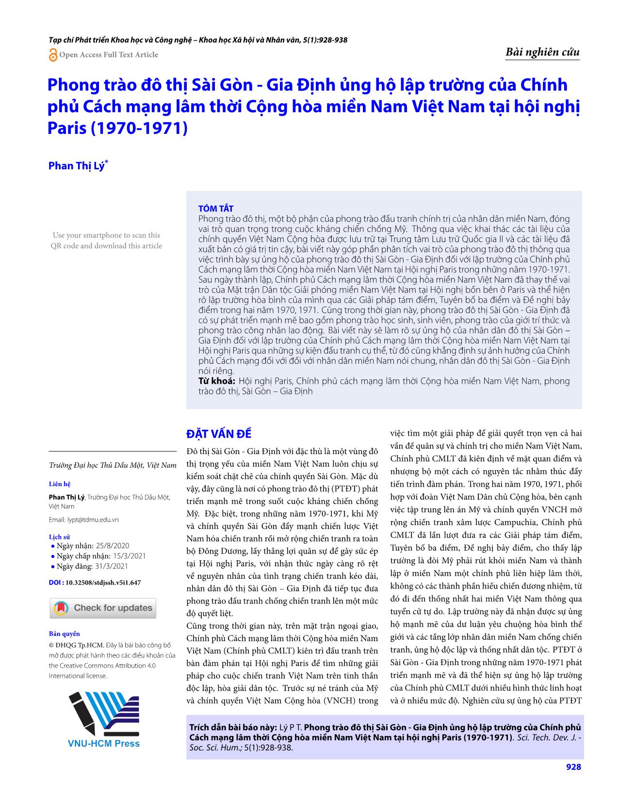 Phong trào đô thị Sài Gòn - Gia Định ủng hộ lập trường của Chính phủ Cách mạng lâm thời Cộng hòa miền Nam Việt Nam tại hội nghị Paris (1970-1971) trang 1