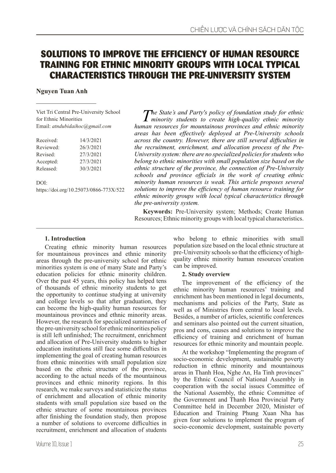 Solutions to improve the efficiency of human resource training for ethnic minority groups with local typical characteristics through the pre-university system trang 1