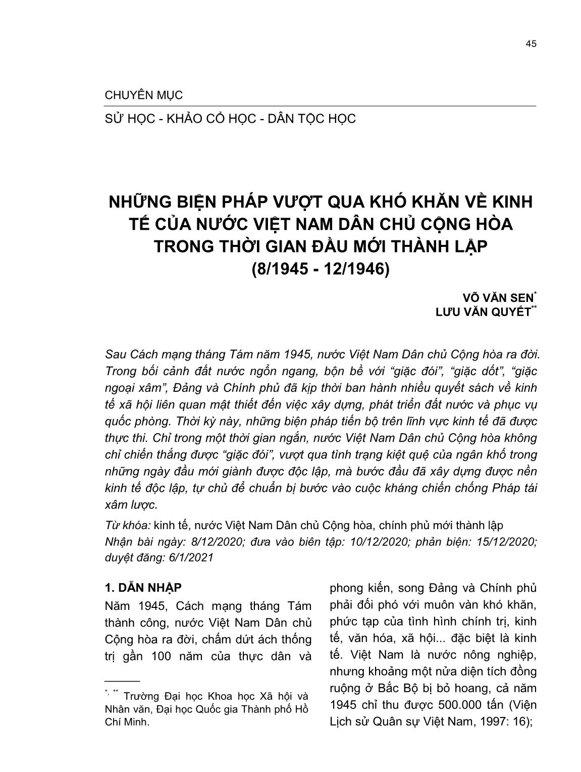 Những biện pháp vượt qua khó khăn về kinh tế của nước Việt Nam Dân chủ Cộng hòa trong thời gian đầu mới thành lập (8/1945-12/1946) trang 1
