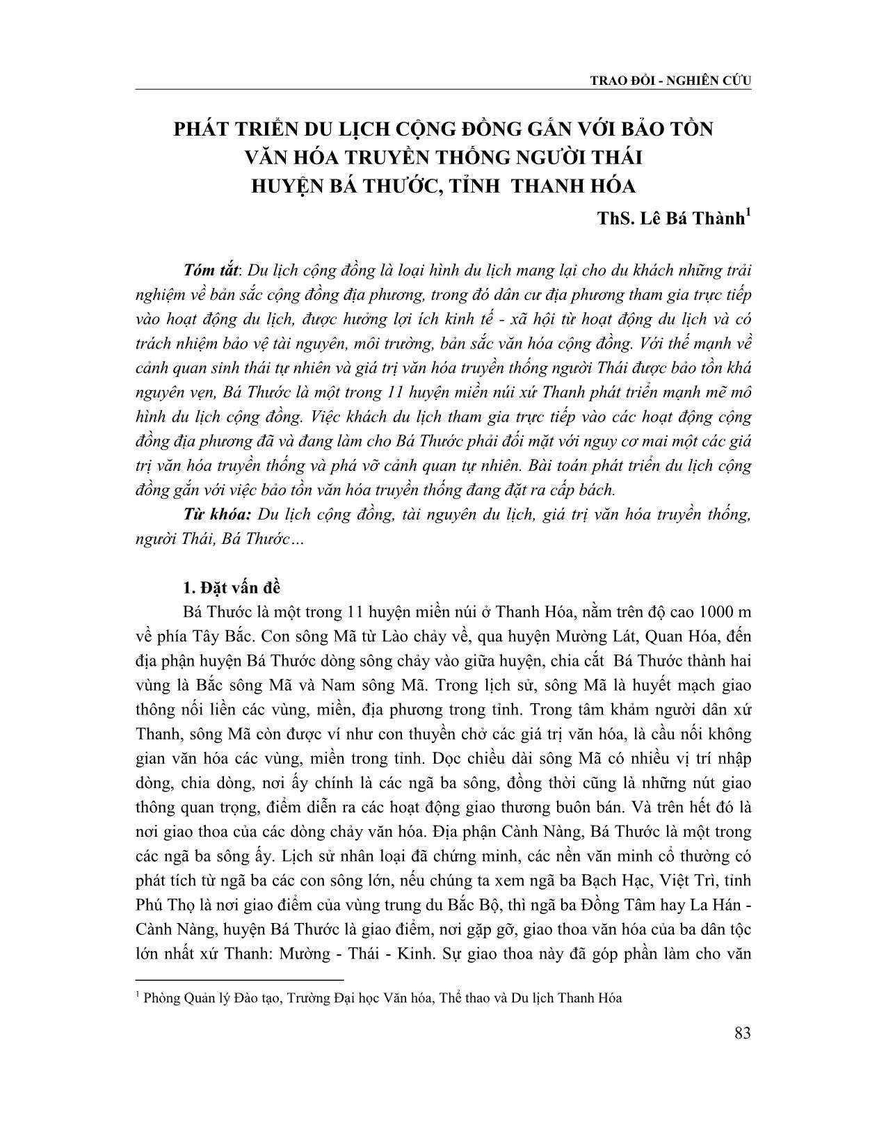 Phát triển du lịch cộng đồng gắn với bảo tồn văn hóa truyền thống người Thái huyện Bá Thước, tỉnh Thanh Hóa trang 1