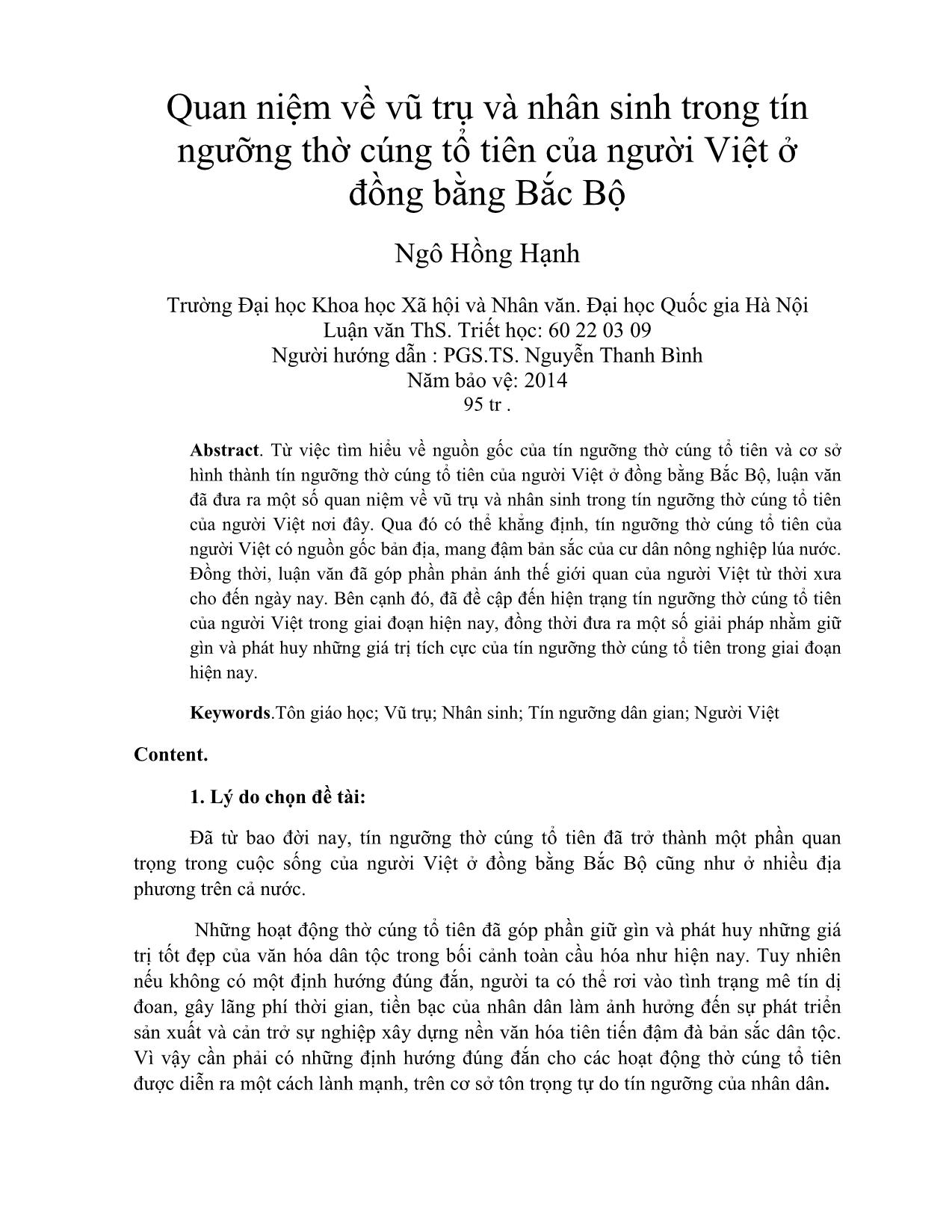 Quan niệm về vũ trụ và nhân sinh trong tín ngưỡng thờ cúng tổ tiên của người Việt ở đồng bằng Bắc Bộ trang 1