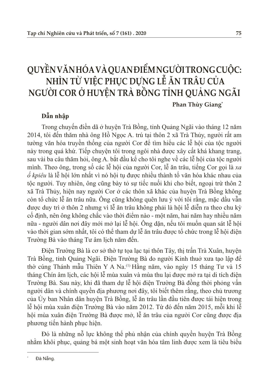 Quyền văn hóa và quan điểm người trong cuộc: Nhìn từ việc phục dựng lễ ăn trâu của người Cor ở huyện Trà Bồng tỉnh Quảng Ngãi trang 1