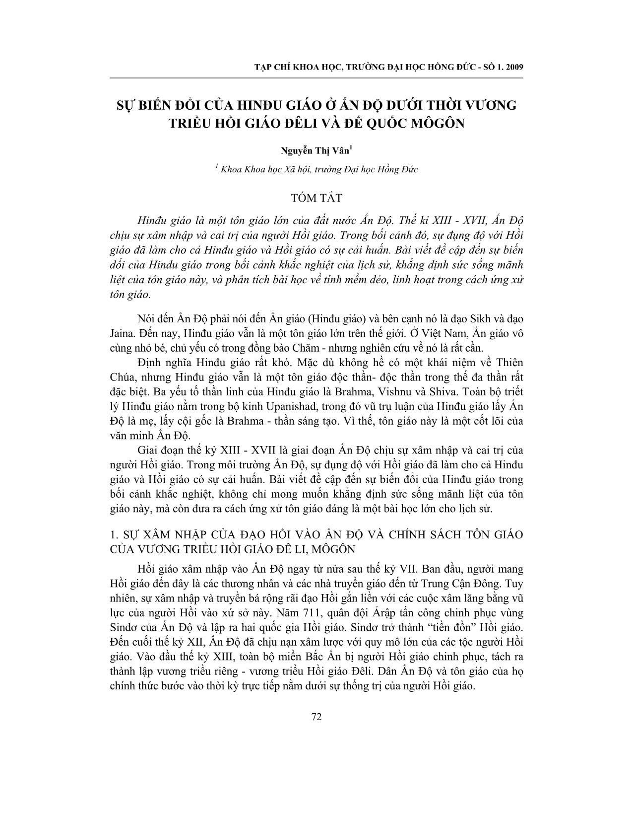 Sự biến đổi của Hinđu giáo ở Ấn Độ dưới thời vương triều hồi giáo Đêli và đế quốc Môg trang 1