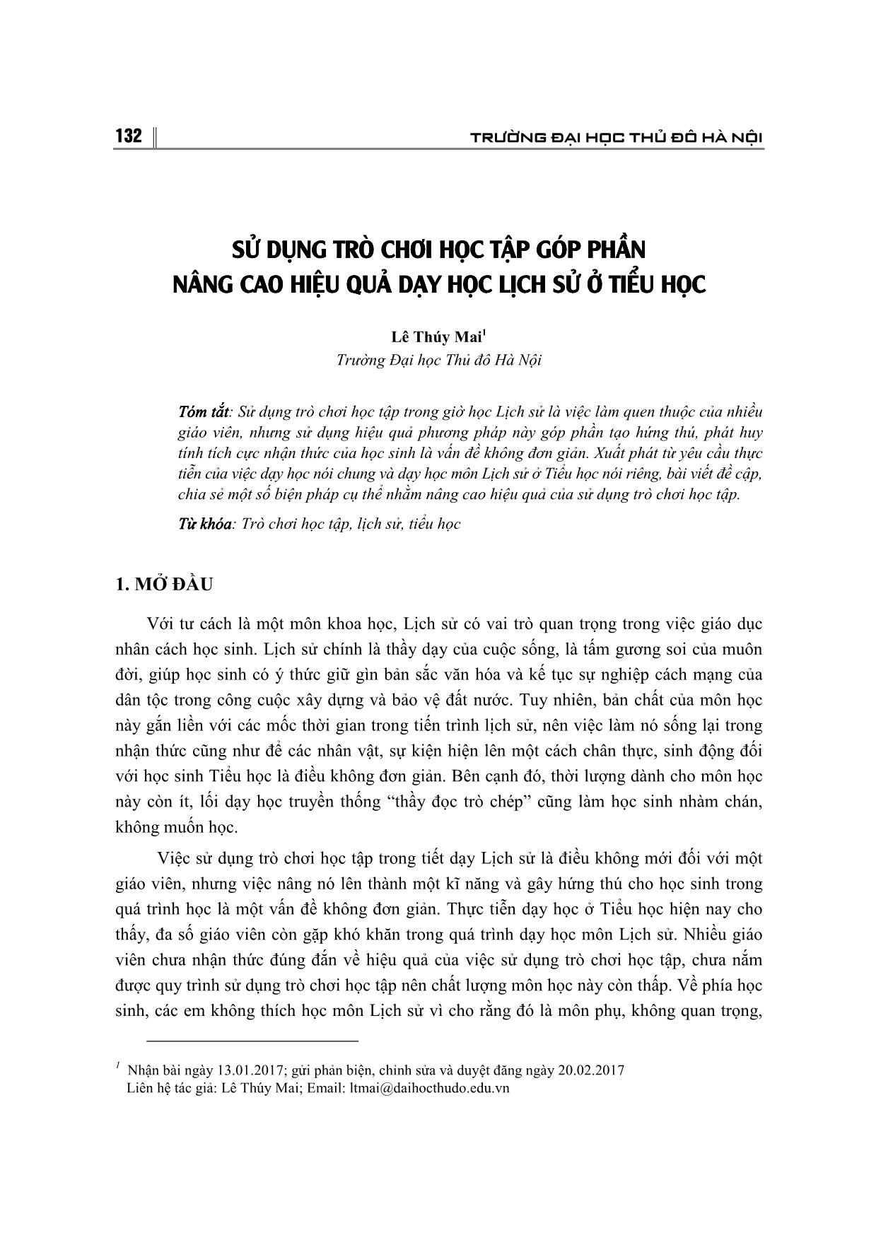 Sử dụng trò chơi học tập góp phần nâng cao hiệu quả dạy học Lịch sử ở Tiểu học trang 1