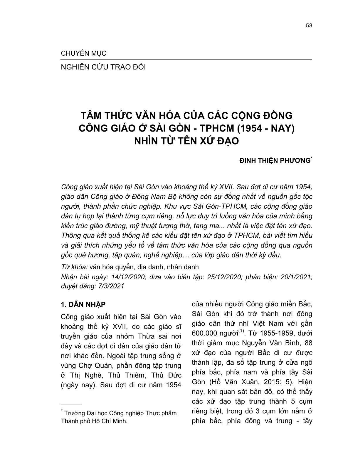 Tâm thức văn hóa của các cộng đồng Công giáo ở Sài Gòn - Thành phố Hồ Chí Minh (1954 - nay) nhìn từ tên xứ đạo trang 1