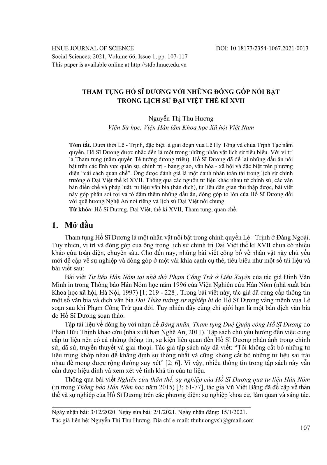 Tham tụng Hồ Sĩ Dương với những đóng góp nổi bật trong lịch sử Đại Việt thế kỉ XVII trang 1